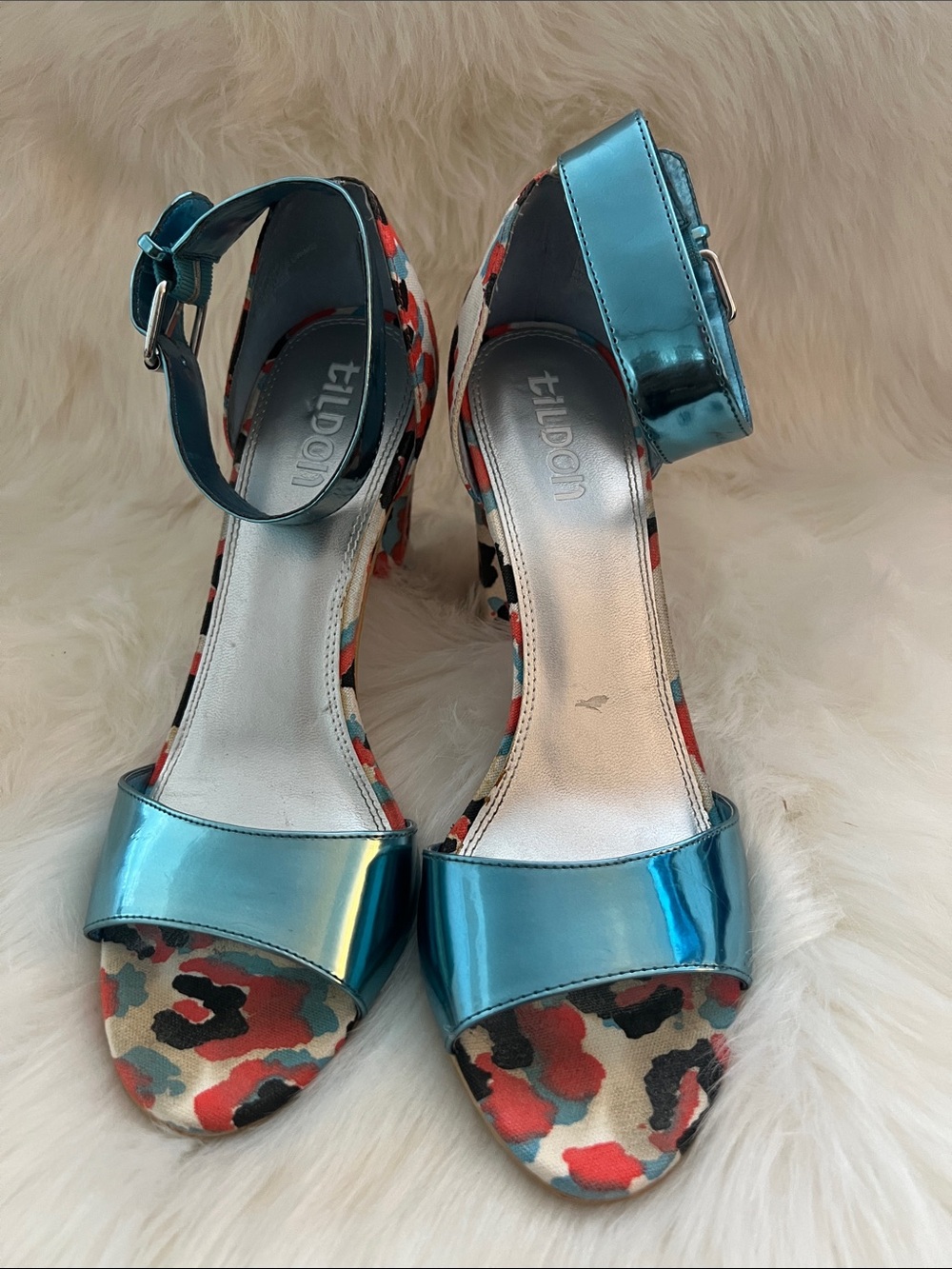 Tildon Metallic Teal Ankle-Strap Heels with Multicolor Printed Toe